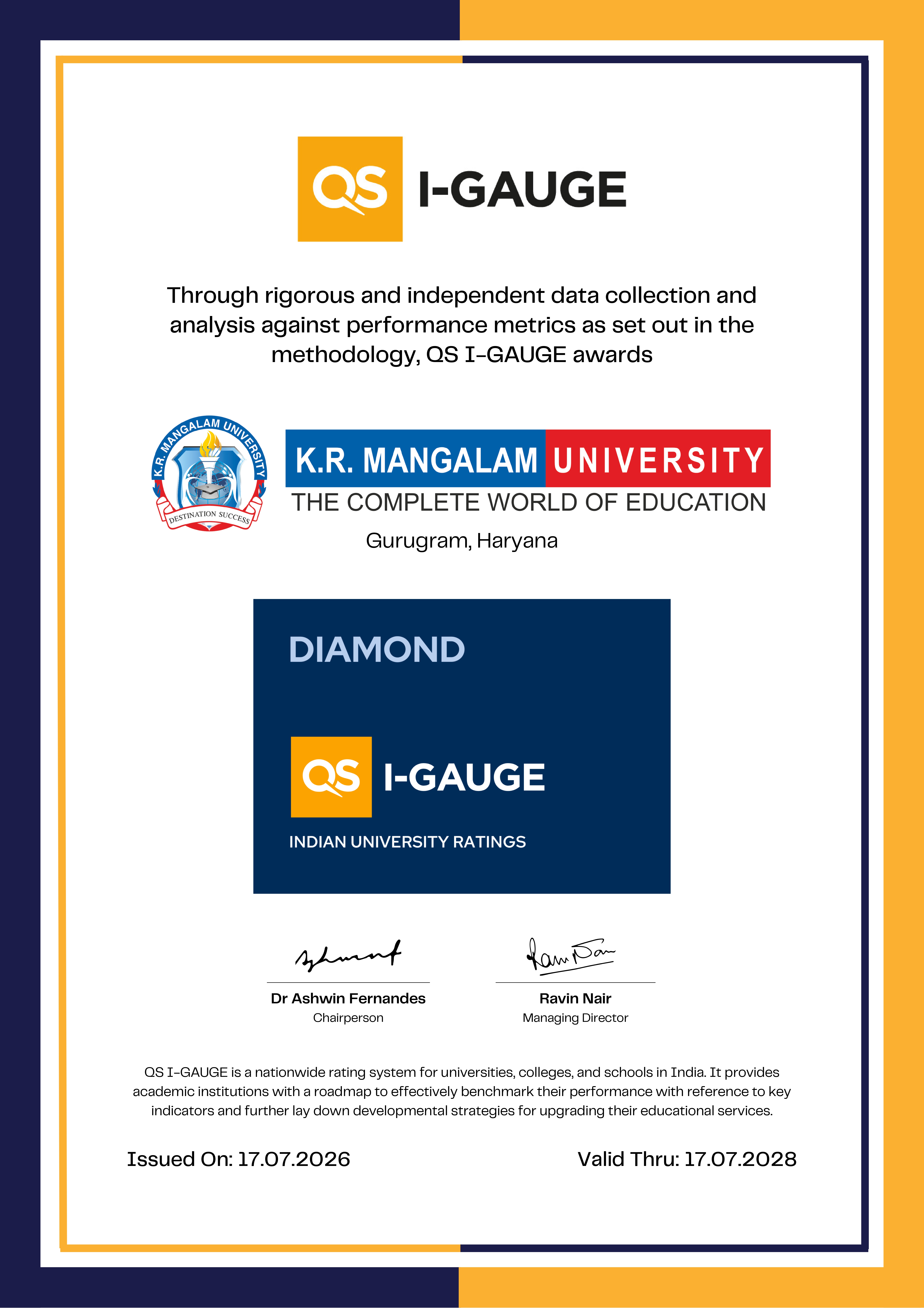 K.R. Mangalam University has been awarded the prestigious QS I-GAUGE DIAMOND Rating in Indian University Ratings.