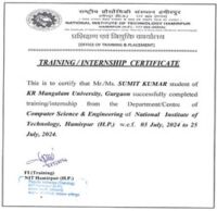 NIT Hamirpur Internship Certificate
